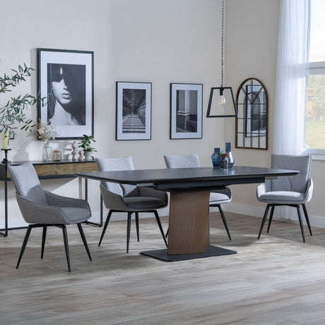 Catalina Black Ceramic Extending Pedastal Dining Set - Ace Grey Fabric Swivel Dining Chair
