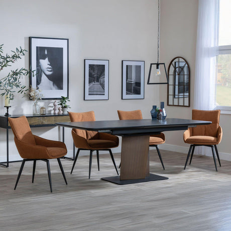 Catalina Black Ceramic Extending Pedastal Dining Set - Ace Orange Fabric Swivel Dining Chair-3