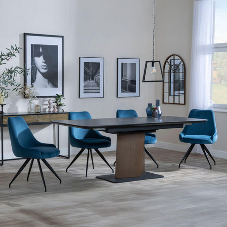 Catalina Black Ceramic Extending Pedastal Dining Set - Arctic Blue Velvet Fabric Swivel Dining Chair-3