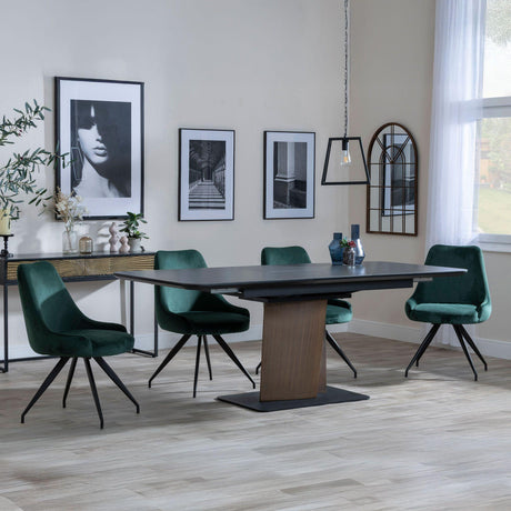 Catalina Black Ceramic Extending Pedastal Dining Set - Arctic Green Velvet Fabric Swivel Dining Chair