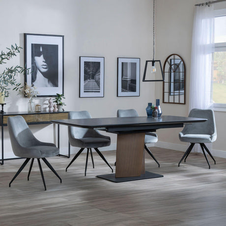 Catalina Black Ceramic Extending Pedastal Dining Set - Arctic Grey Velvet Fabric Swivel Dining Chair-2