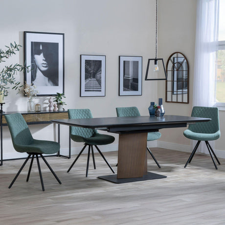 Catalina Black Ceramic Extending Pedastal Dining Set - Boden Green Fabric Swivel Dining Chair-4