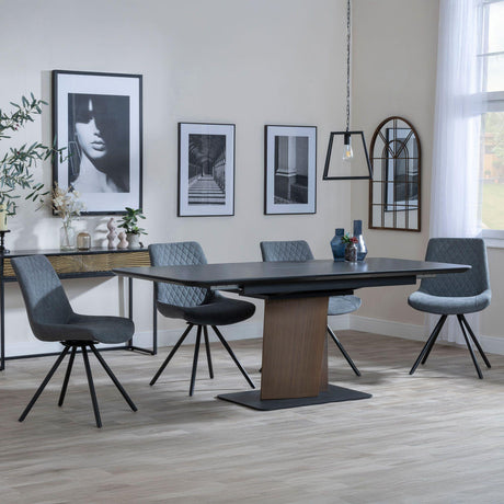 Catalina Black Ceramic Extending Pedastal Dining Set - Boden Grey Fabric Swivel Dining Chair-6