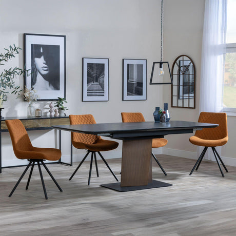 Catalina Black Ceramic Extending Pedastal Dining Set - Boden Orange Fabric Swivel Dining Chair-3