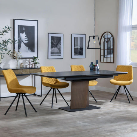 Catalina Black Ceramic Extending Pedastal Dining Set - Boden Yellow Fabric Swivel Dining Chair