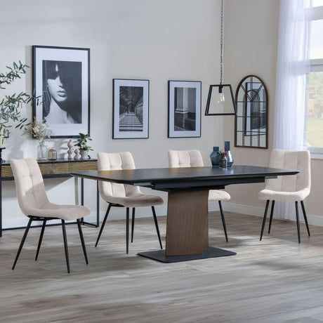 Catalina Black Ceramic Extending Pedastal Dining Set - Corona Beige Fabric Chairs-2