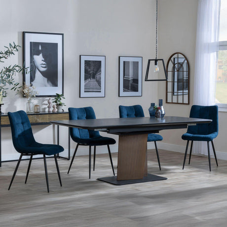 Catalina Black Ceramic Extending Pedastal Dining Set - Corona Blue Fabric Chairs-4
