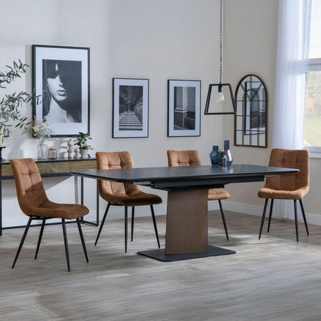 Catalina Black Ceramic Extending Pedastal Dining Set - Corona Brown Fabric Chairs-8