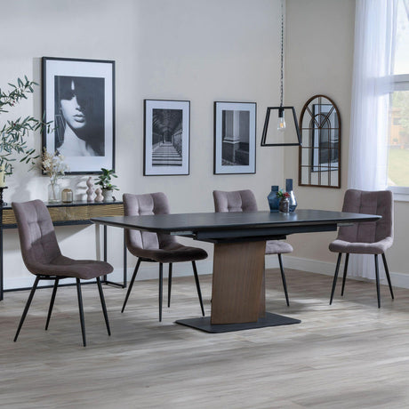 Catalina Black Ceramic Extending Pedastal Dining Set - Corona Camel Fabric Chairs-3