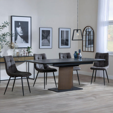 Catalina Black Ceramic Extending Pedastal Dining Set - Corona Grey Fabric Chairs-9