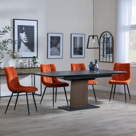 Catalina Black Ceramic Extending Pedastal Dining Set - Corona Orange Fabric Chairs