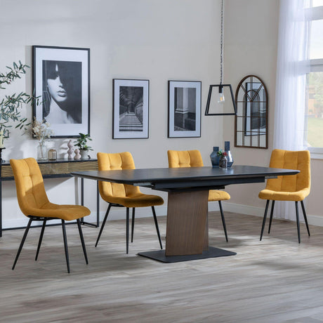 Catalina Black Ceramic Extending Pedastal Dining Set - Corona Yellow Fabric Chairs-5