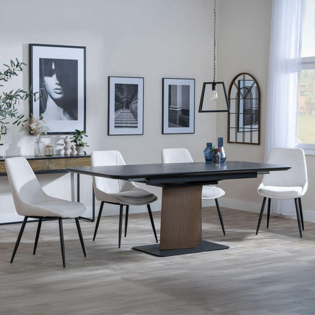 Catalina Black Ceramic Extending Pedastal Dining Set - Darwin Cream Fabric Dining Chair