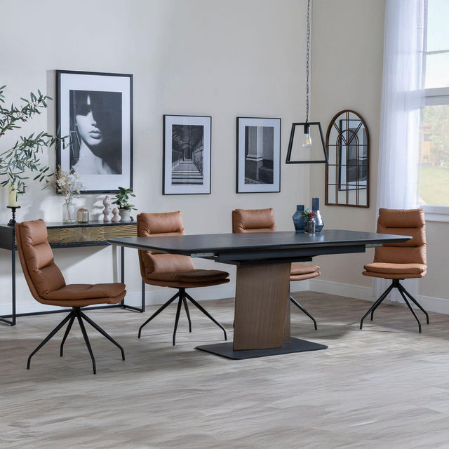 Catalina Black Ceramic Extending Pedastal Dining Set - Diego Brown Leather Swivel Dining Chair