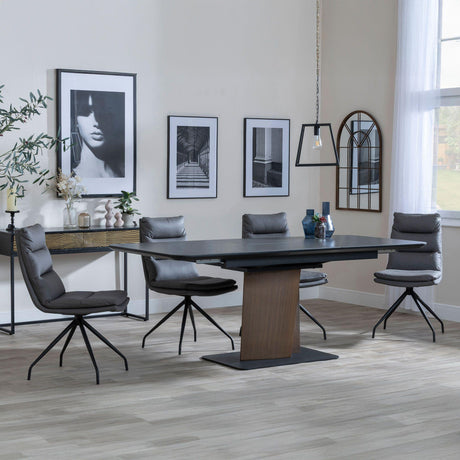 Catalina Black Ceramic Extending Pedastal Dining Set - Diego Grey Leather Swivel Dining Chair-2