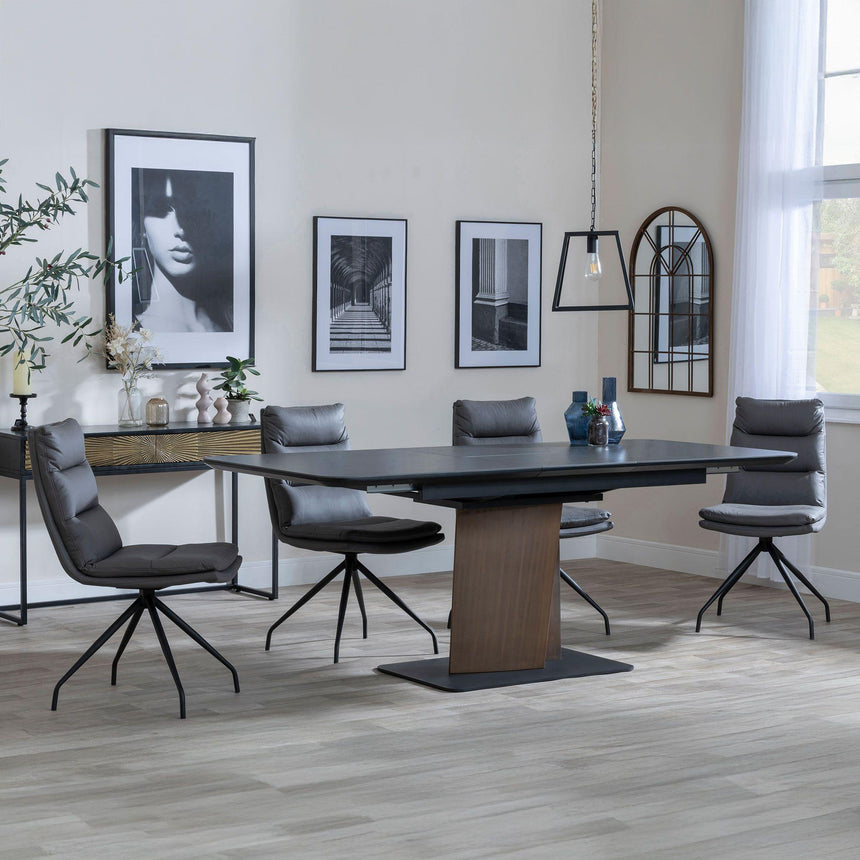 Catalina Black Ceramic Extending Pedastal Dining Set - Diego Grey Leather Swivel Dining Chair-2