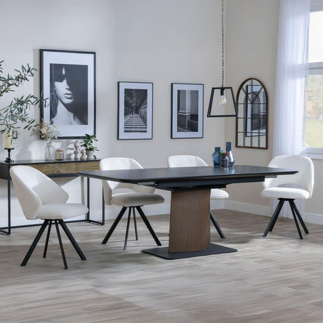 Catalina Black Ceramic Extending Pedastal Dining Set - Ion Cream Velvet Fabric Swivel Dining Chair-5