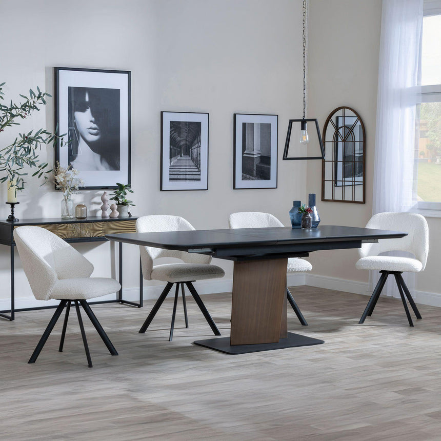 Catalina Black Ceramic Extending Pedastal Dining Set - Ion Cream Velvet Fabric Swivel Dining Chair-5