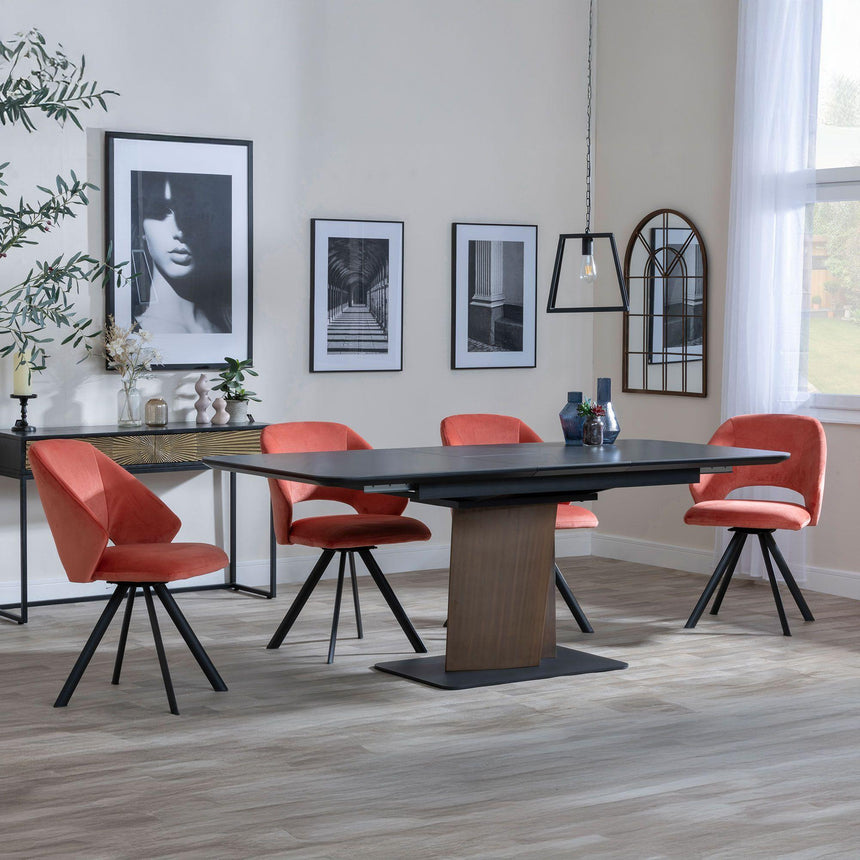 Catalina Black Ceramic Extending Pedastal Dining Set - Ion Orange Velvet Fabric Swivel Dining Chair-3