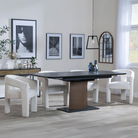 Catalina Black Ceramic Extending Pedastal Dining Set - Kiefer Cream Boucle Fabric Dining Chair-2