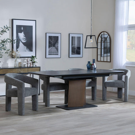 Catalina Black Ceramic Extending Pedastal Dining Set - Kiefer Grey Boucle Fabric Dining Chair
