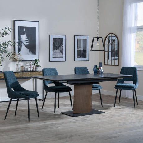 Catalina Black Ceramic Extending Pedastal Dining Set - Peyton Blue Fabric Dining Chair