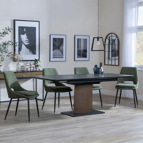 Catalina Black Ceramic Extending Pedastal Dining Set - Peyton Green Fabric Dining Chair-3