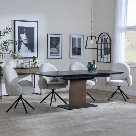 Catalina Black Ceramic Extending Pedastal Dining Set - Theo Grey Fabric Swivel Dining Chair