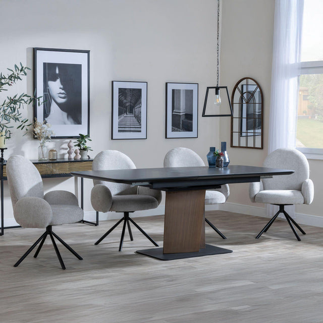 Catalina Black Ceramic Extending Pedastal Dining Set - Theo Grey Fabric Swivel Dining Chair