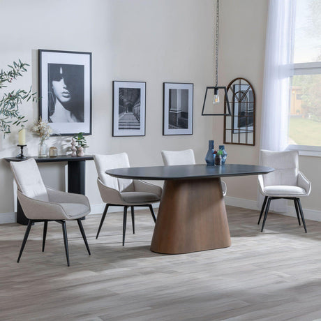 Danetti Dark Grey Ceramic Oval Dining Set with Bronze Pedestal Base - Ace Beige Fabric Swivel Dining Chair-2
