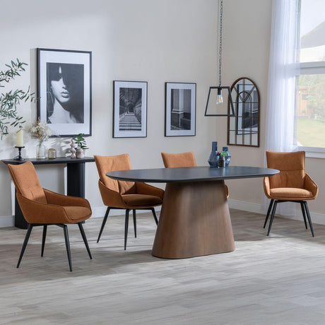 Danetti Dark Grey Ceramic Oval Dining Set with Bronze Pedestal Base - Ace Orange Fabric Swivel Dining Chair-3
