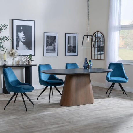 Danetti Dark Grey Ceramic Oval Dining Set with Bronze Pedestal Base - Arctic Blue Velvet Fabric Swivel Dining Chair
