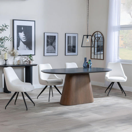 Danetti Dark Grey Ceramic Oval Dining Set with Bronze Pedestal Base - Arctic Cream Velvet Fabric Swivel Dining Chair-4