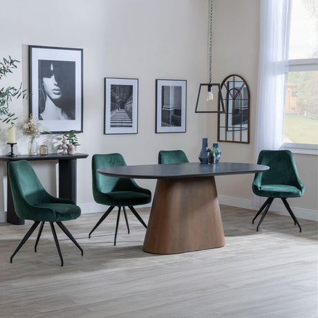Danetti Dark Grey Ceramic Oval Dining Set with Bronze Pedestal Base - Arctic Green Velvet Fabric Swivel Dining Chair-3