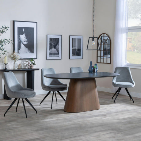 Danetti Dark Grey Ceramic Oval Dining Set with Bronze Pedestal Base - Arctic Grey Velvet Fabric Swivel Dining Chair-2