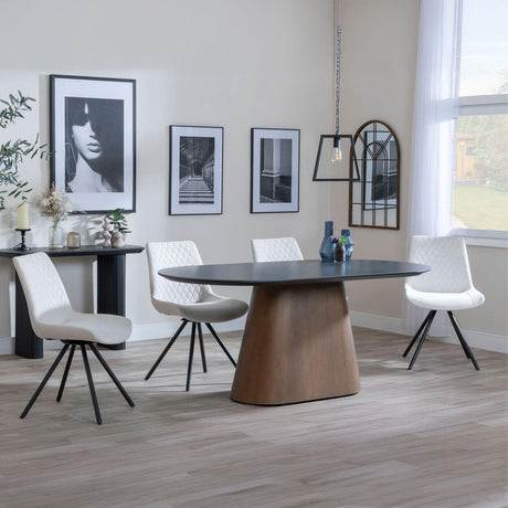 Danetti Dark Grey Ceramic Oval Dining Set with Bronze Pedestal Base - Boden Cream Fabric Swivel Dining Chair-2