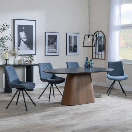 Danetti Dark Grey Ceramic Oval Dining Set with Bronze Pedestal Base - Boden Dark Grey Fabric Swivel Dining Chair-5
