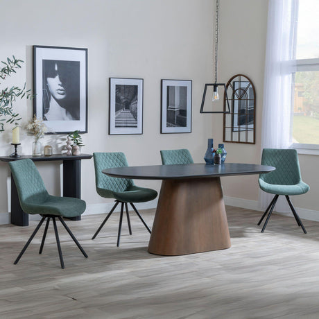 Danetti Dark Grey Ceramic Oval Dining Set with Bronze Pedestal Base - Boden Green Fabric Swivel Dining Chair-4
