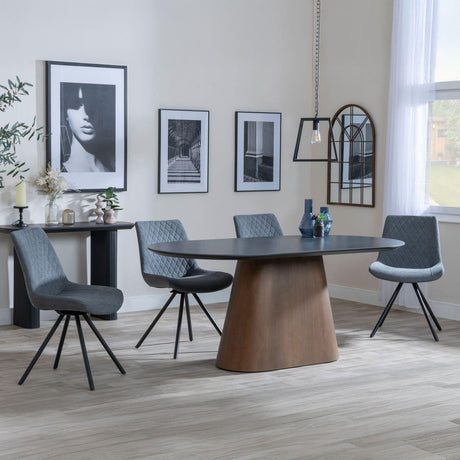 Danetti Dark Grey Ceramic Oval Dining Set with Bronze Pedestal Base - Boden Grey Fabric Swivel Dining Chair-6
