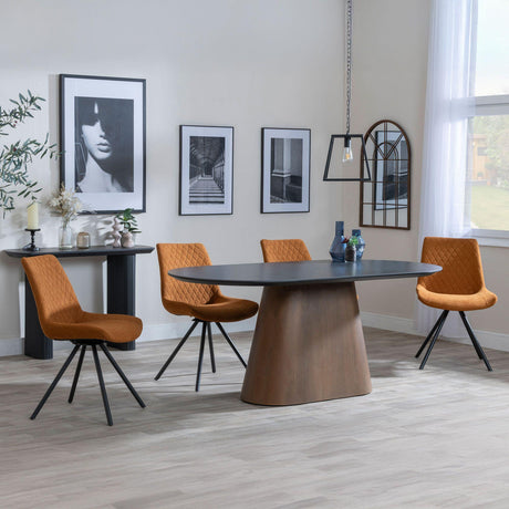 Danetti Dark Grey Ceramic Oval Dining Set with Bronze Pedestal Base - Boden Orange Fabric Swivel Dining Chair-3