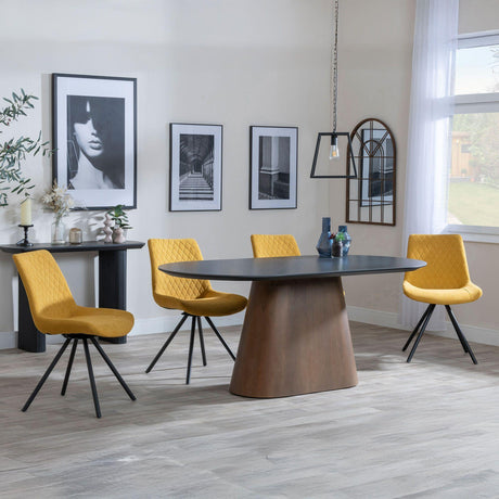 Danetti Dark Grey Ceramic Oval Dining Set with Bronze Pedestal Base - Boden Yellow Fabric Swivel Dining Chair