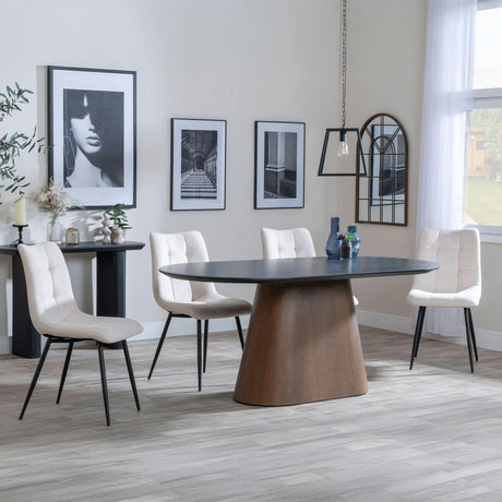Danetti Dark Grey Ceramic Oval Dining Set with Bronze Pedestal Base - Corona Beige Fabric Dining Chair-2