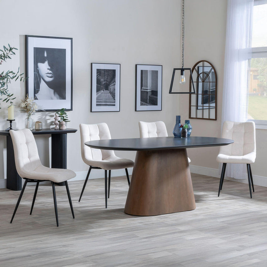 Danetti Dark Grey Ceramic Oval Dining Set with Bronze Pedestal Base - Corona Beige Fabric Dining Chair-2