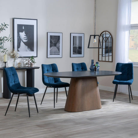 Danetti Dark Grey Ceramic Oval Dining Set with Bronze Pedestal Base - Corona Blue Fabric Dining Chair-4