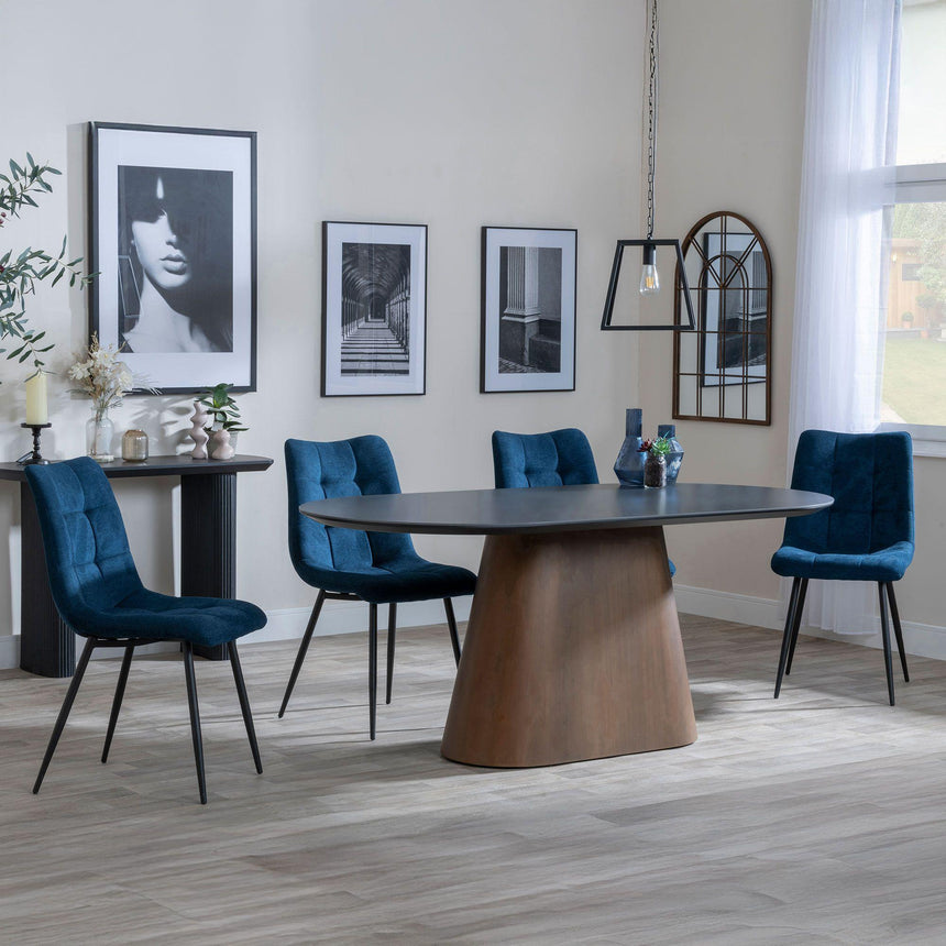 Danetti Dark Grey Ceramic Oval Dining Set with Bronze Pedestal Base - Corona Blue Fabric Dining Chair-4