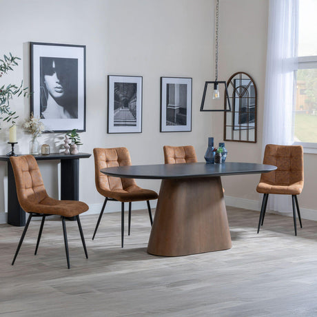Danetti Dark Grey Ceramic Oval Dining Set with Bronze Pedestal Base - Corona Brown Fabric Dining Chair-8