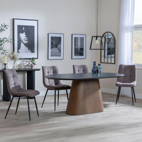 Danetti Dark Grey Ceramic Oval Dining Set with Bronze Pedestal Base - Corona Camel Fabric Dining Chair-3