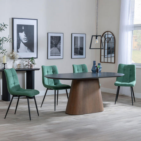 Danetti Dark Grey Ceramic Oval Dining Set with Bronze Pedestal Base - Corona Green Fabric Dining Chair-6