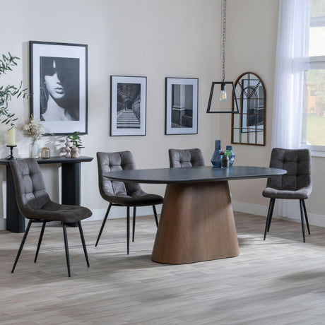 Danetti Dark Grey Ceramic Oval Dining Set with Bronze Pedestal Base - Corona Grey Fabric Dining Chair-9