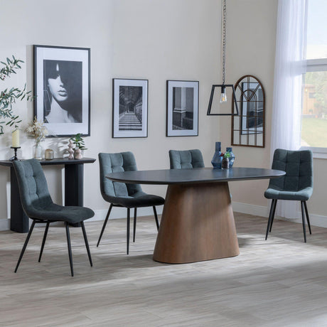 Danetti Dark Grey Ceramic Oval Dining Set with Bronze Pedestal Base - Corona Light Grey Fabric Dining Chair-7